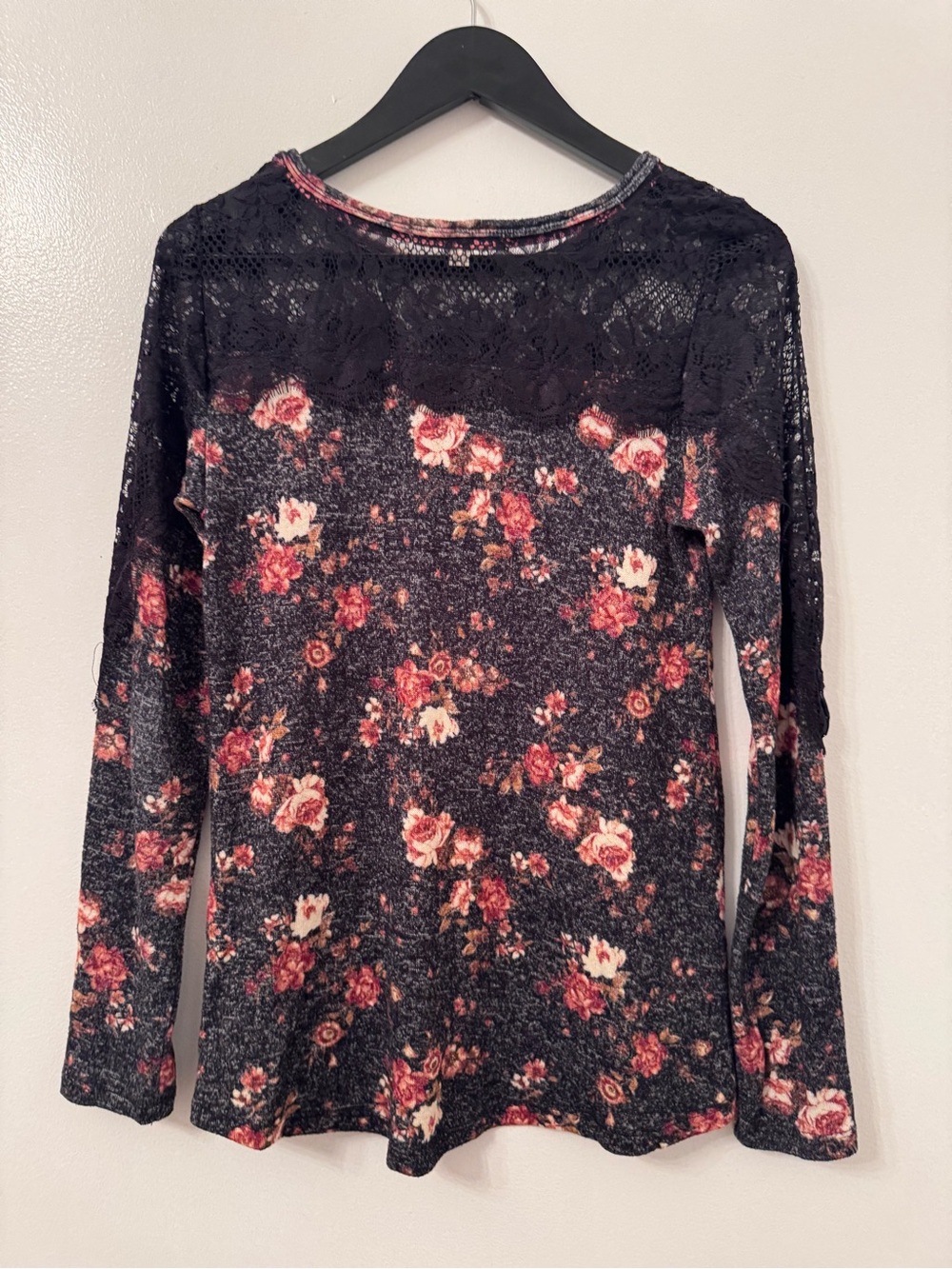 Rewind Black Floral Lace Yoke Long Sleeve Tee